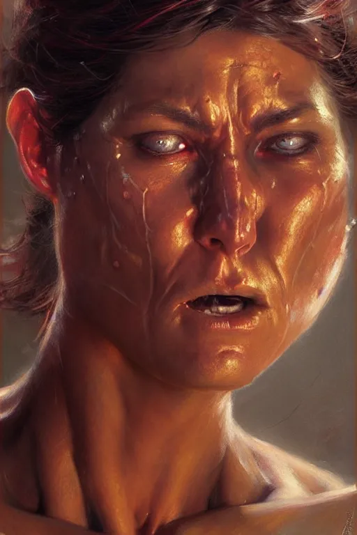 Image similar to muscular sweat spiderwoman,, exhausted face close up, highly detailed painting by gaston bussiere, craig mullins, j. c. leyendecker 8 k