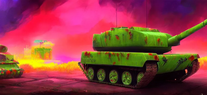 Image similar to beautiful masterpiece painting of a food truck army tank in a future radioactive glowing swamp, halo vehicle, grunge cyberpunk, by Remedios Varo and Anato Finnstark and Greg Rutkowski, dayglo pink, dayglo blue, by Craig Mullins, ilya kuvshinov, krenz cushart, artgerm, 8k, trending on ArtStation