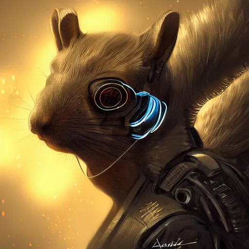 Prompt: cyberpunk squirrel, cyborg, intricate, digital painting, artstation, intricate, concept art, smooth, sharp focus, unreal engine