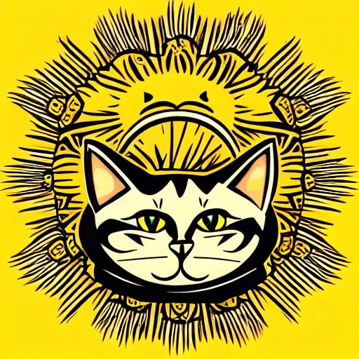 Image similar to tattoo sketch of a cat hugging the sun, on a yellow paper, ornament maori, minimalism, vector