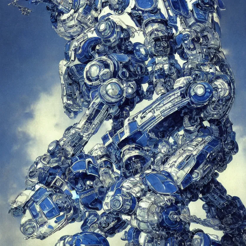 Prompt: a close - up portrait of an ornate blue and white porcelain mecha made out of white vitrified translucent ceramic ; china. reflective detailed textures. gloomy black background. highly detailed fantasy science fiction painting by moebius, norman rockwell, frank frazetta, and syd mead. rich colors, high contrast. artstation