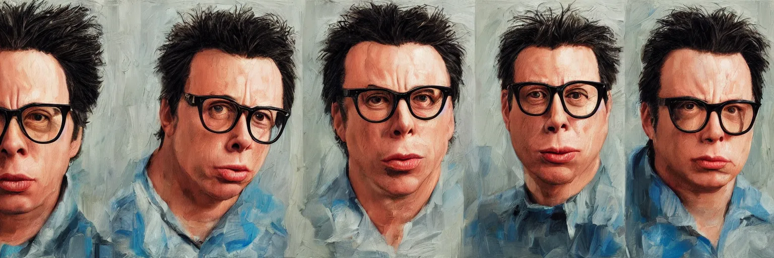 Prompt: colorful oil painting of character faces, realistic todd solondz and john travolta, glasses, disturbed, angry, character sheet, fine details, concept design, contrast, kim jung gi, pixar and da vinci, 8 k, emotional, face turnaround 3 6 0, front view, back view, side view, ultra wide angle