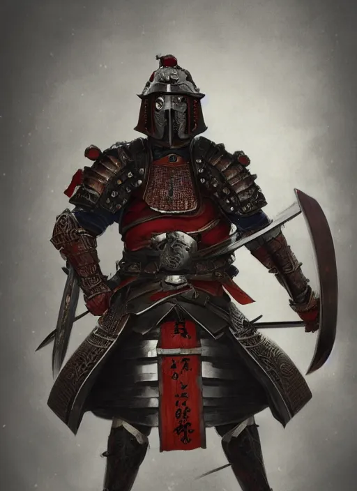 Image similar to full portrait of male sword and board japanese samurai by wlop, katana, shield, japanese heavy armor, o - yoroi, detailed, realistic, anatomically accurate, fantasy illustration, artstation, wlop, 4 k.