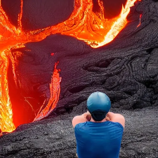 Image similar to man in a swimsuit getting swallowed by flowing lava on a volcano with magma eruptions