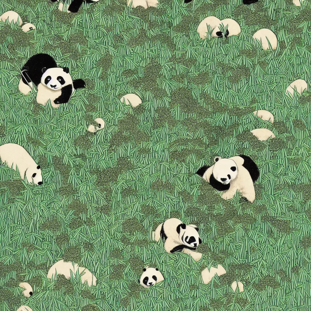 Image similar to isometric view illustration of a bamboo forest and panda, highly detailed mid day by victo ngai