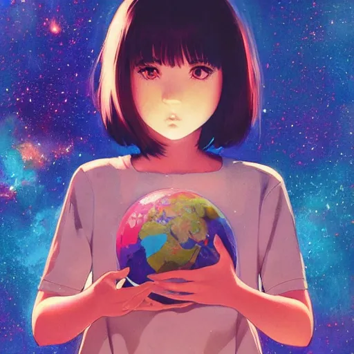 Image similar to A cosmic girl with big and cute eyes, holding the earth || VERY ANIME, fine-face, realistic shaded perfect face, fine details. Anime. realistic shaded lighting poster by Ilya Kuvshinov katsuhiro otomo ghost-in-the-shell, magali villeneuve, artgerm, Jeremy Lipkin and Michael Garmash, Rob Rey and Kentarõ Miura style, trending on art station