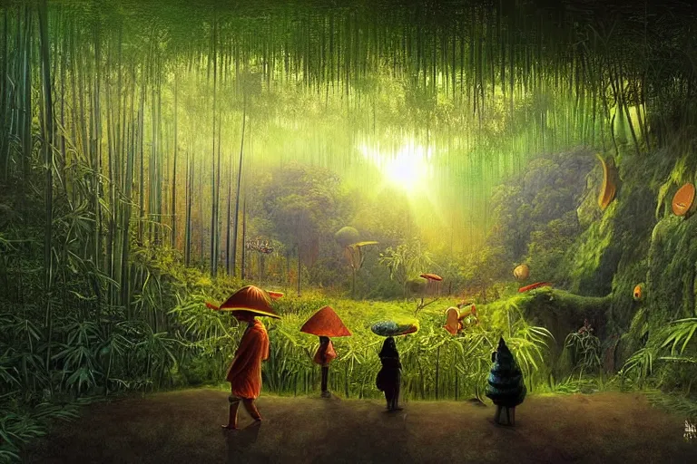 Image similar to surreal glimpse into other universe, a sun shines in bamboo cave, summer morning, very coherent and colorful high contrast, art by!!!! gediminas pranckevicius!!!!, geof darrow, dark shadows, hard lighting