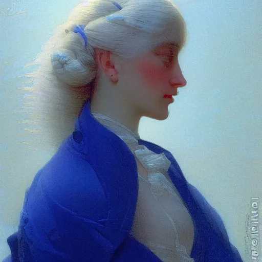 Image similar to a young woman's face, her hair is white and she wears a cobalt blue satin cloak, by ivan aivazovsky and syd mead and moebius and gaston bussiere and roger dean and pieter claesz and paul delaroche and alma tadema and aelbert cuyp and willem claesz, hyperrealistic, volumetric light, octane render