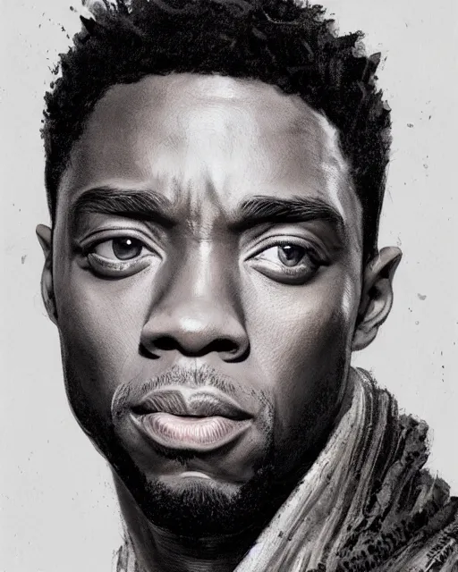 Prompt: chadwick boseman, hyper realistic face, beautiful eyes, fantasy art, in the style of greg rutkowski, intricate, hyper detailed, smooth