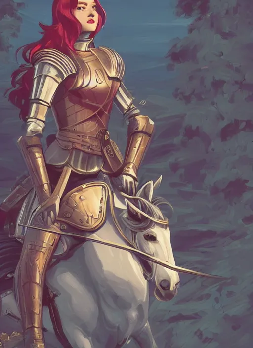 Image similar to a young woman in full plate armor with beautiful hair and red lips on a horse. she is a knight. clean cel shaded vector art. shutterstock. behance hd by lois van baarle, artgerm, helen huang, by makoto shinkai and ilya kuvshinov, rossdraws, illustration, art by ilya kuvshinov