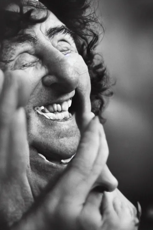 Prompt: close - up, photography of coluche laughing, photography of pierre desproges laughing, clouds everywhere