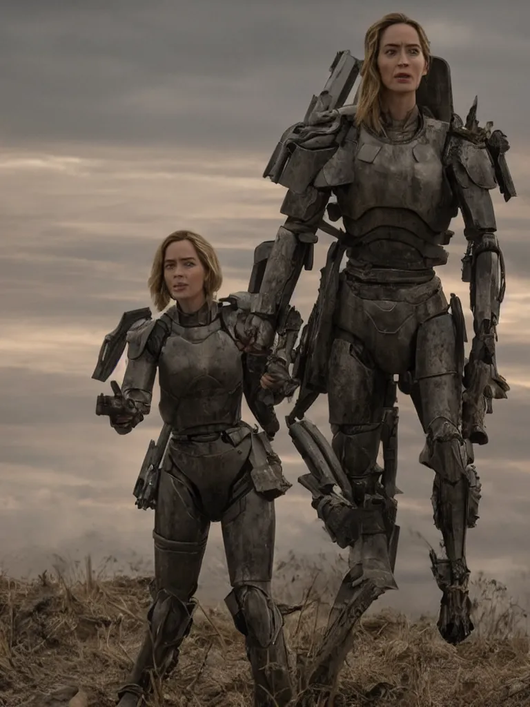 Image similar to emily blunt in futuristic power armor, alone, standing atop a hill, raising her sword, edge of tomorrow movie, angel of verdun, sunset