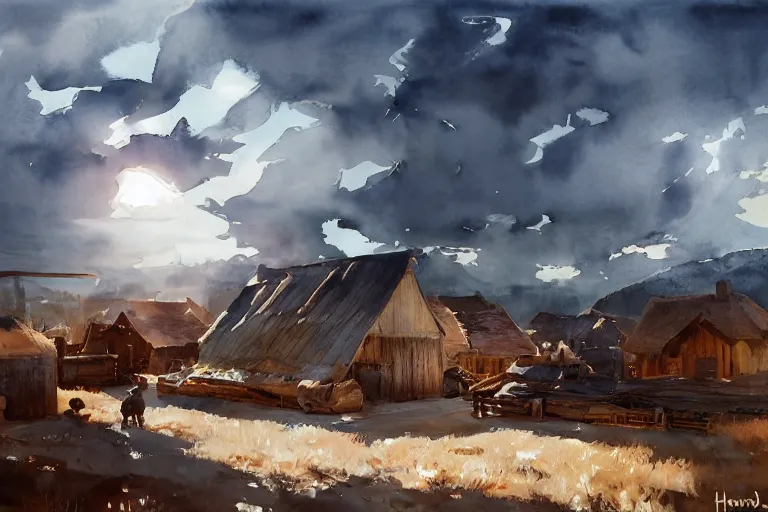 Prompt: paint brush strokes, abstract watercolor painting of western viking town, straw roof, transparent glass bottles, reflective copper, cinematic light, american romanticism by hans dahl, by jesper ejsing, by anders zorn, by greg rutkowski, by greg manchess, by tyler edlin