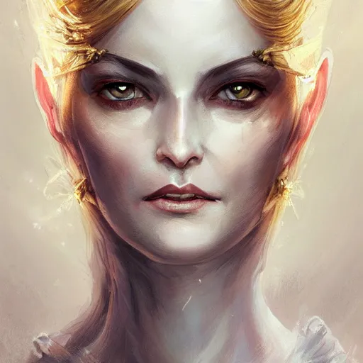 Image similar to a detailed matte head - on portrait painting of an middle - aged half - tiefling noblewoman with golden eyes and short well kept hair, by charlie bowater, lise deharme, wlop, tending on arstation, dungeons and dragon, dnd, pathfinder, fanart, oil on canvas