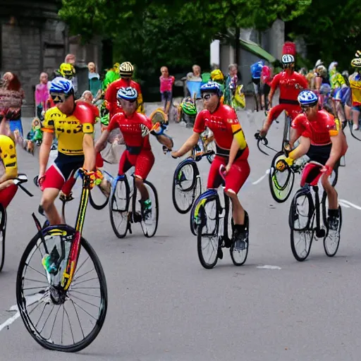 Image similar to sports photo of troupe of clowns on unicycles in a bunch sprint at tour de france