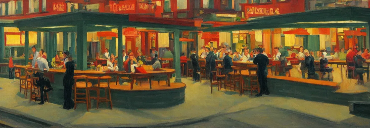 Image similar to a lively bar along the waterfront in the style of an edward hopper painting