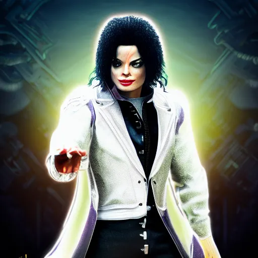 Prompt: a cinematic film still of Michael Jackson in Tekken 7, portrait, 40mm lens, shallow depth of field, close up, split lighting, cinematic