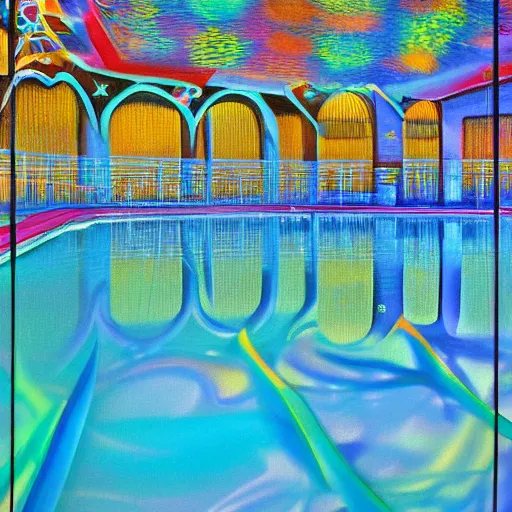 Image similar to A print of a swimming pool with a big splash in the center. The colors are very bright and the print is very eye-catching. diamond by Wendy Froud distorted