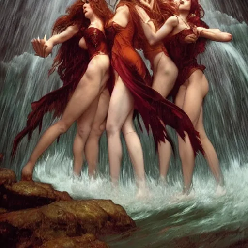 Prompt: an extremely detailed portrait of four polyamorous red haired succubuses dancing while hiding from a thunderstorm in a cave behind a waterfall, epic fantasy, viewed in profile from far away, sharp focus, detailed face, art by greg rutkowski and alphonse mucha, volumetric lighting, 4 k resolution, trending on artstation, masterpiece