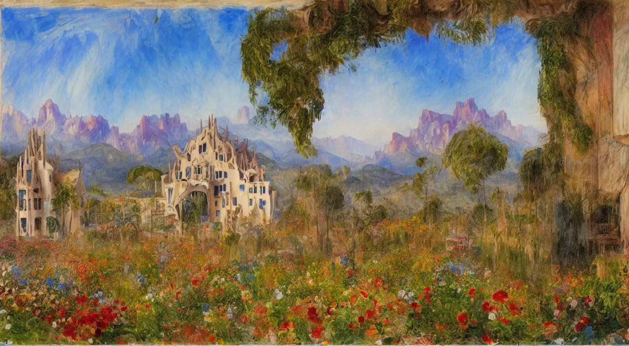 Image similar to a house designed by Antoni Gaudí, with flower fields as foreground, with mountains as background, by J. M. W. Turner