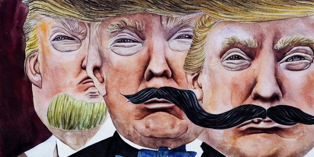 Image similar to donald trump with beard and mustache, watercolor painting by salvador dali