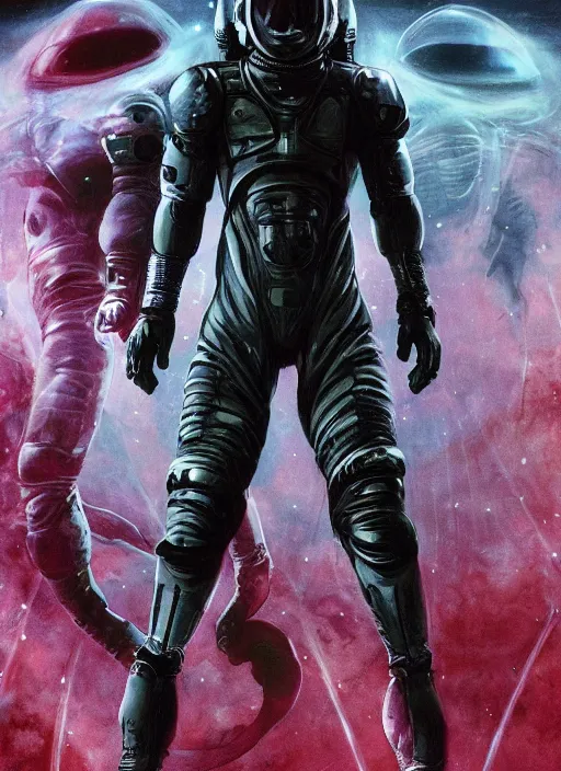 Image similar to astronauts in dark void underwater - complex and hyperdetailed technical suit. reflection and dispersion materials. rays and dispersion of light. volumetric light. f / 3 2. noise film photo. flash photography. ultra realistic, wide angle. poster by wayne barlowe, hajime sorayama aaron horkey, craig mullins