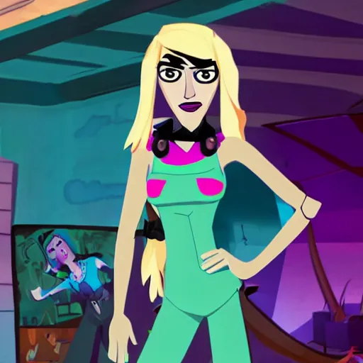 Prompt: behind the scenes full - body photo of bella thorne as gwen in total drama island, teal hair, goth aesthetic, focus on facial details, focus on full - body, photorealistic, cinematic lighting