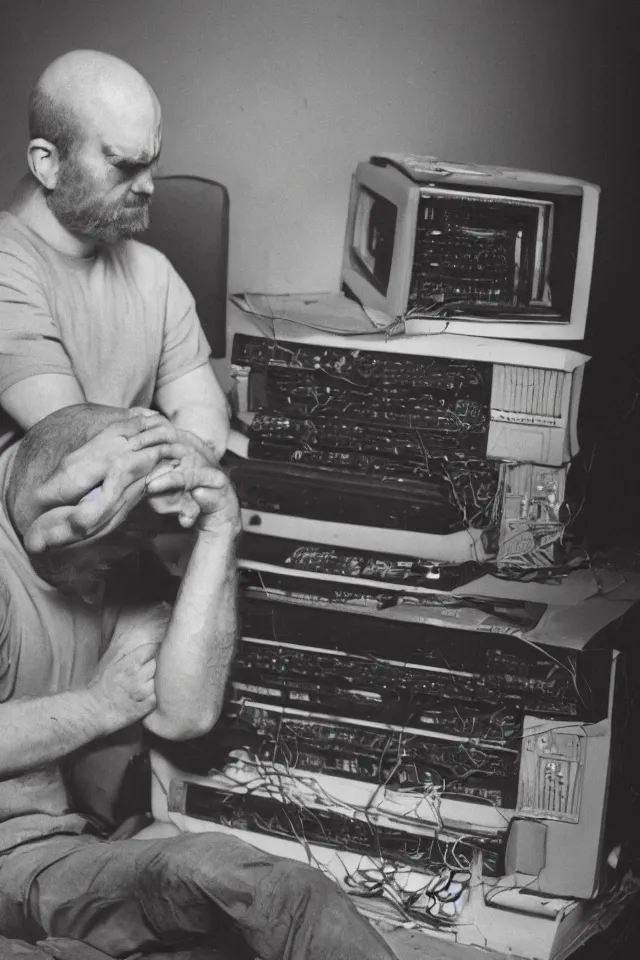 Image similar to a high resolution photo of a sad man watching the end of the world on a vintage computer,, earthquake, debris