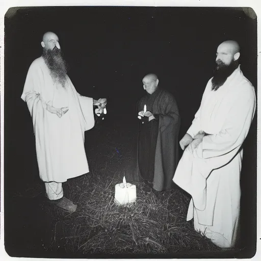 Prompt: trail _ camera _ photo _ of _ a _ breaton monks looking like rasputin with lit candles and a goat performing sacred liturgy!!! _ realistic _ spooky _ grimdark _ night _ black _ and _ white, polaroid