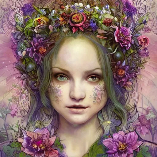 Image similar to Beautiful garden witch goddess, ornate fairy crown, california girl, wearing a flowing dress, lots of flowers, symmetrical face, art nouveau, portrait, cute, playful, fairy, harper's bazaar, pearlescent, sacred geometry, detailed background, featured on artstation, by Daniel Gerhartz, by ross tran, bright pastel colors, face by artgerm, by Kelly McKernan, by Charlie Bowater, by Laura rubin, 8k