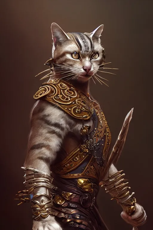 Prompt: a anthropomorphic cat warrior, diffuse lighting, fantasy, intricate, elegant, highly detailed, lifelike, photorealistic, digital painting, artstation, illustration, concept art, smooth, sharp focus, naturalism, trending on byron's - muse, by greg rutkowski and greg staples