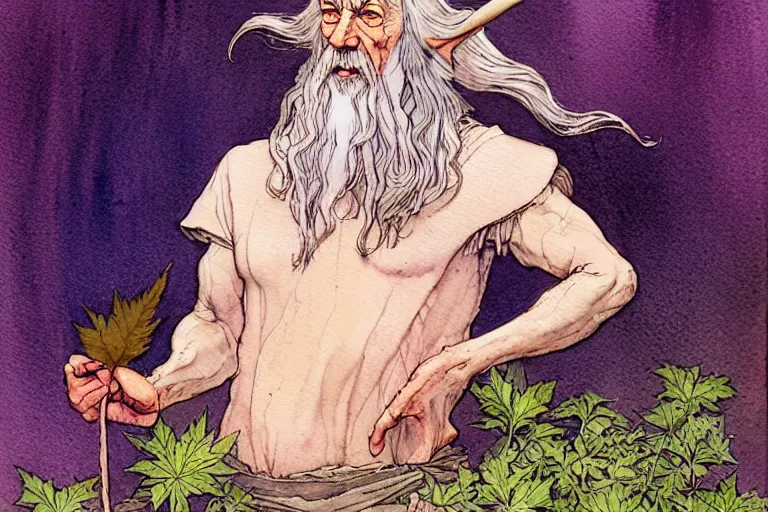 Image similar to a realistic and atmospheric watercolour fantasy character concept art portrait of gandalf with pink eyes lying on his back looking happy and confused with a pot leaf nearby, by rebecca guay, michael kaluta, charles vess and jean moebius giraud