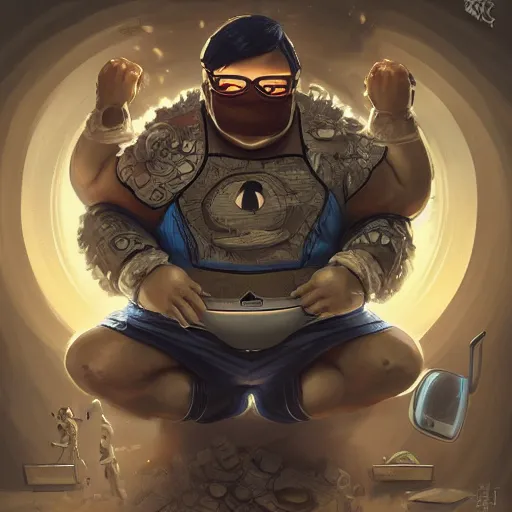 Image similar to an insanely detailed painting of a chubby nerdy asian man wearing a homemade superhero costume and mask, sitting at a computer desk typing on the keyboard, in the style of peter mohrbacher, dramatic lighting and composition, trending on artstation, concept art, comic book, graphic novel, back view