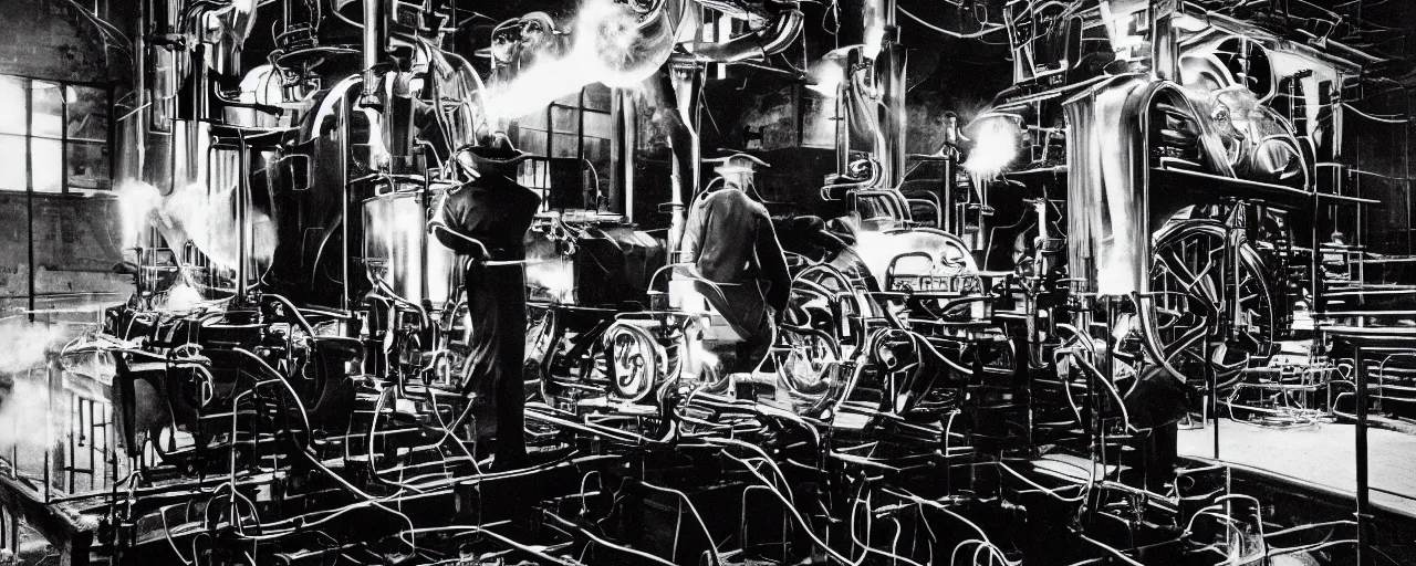 Image similar to james watt inventing the spaghetti steam engine, canon 5 0 mm, cinematic lighting, photography, retro, black and white film, kodachrome