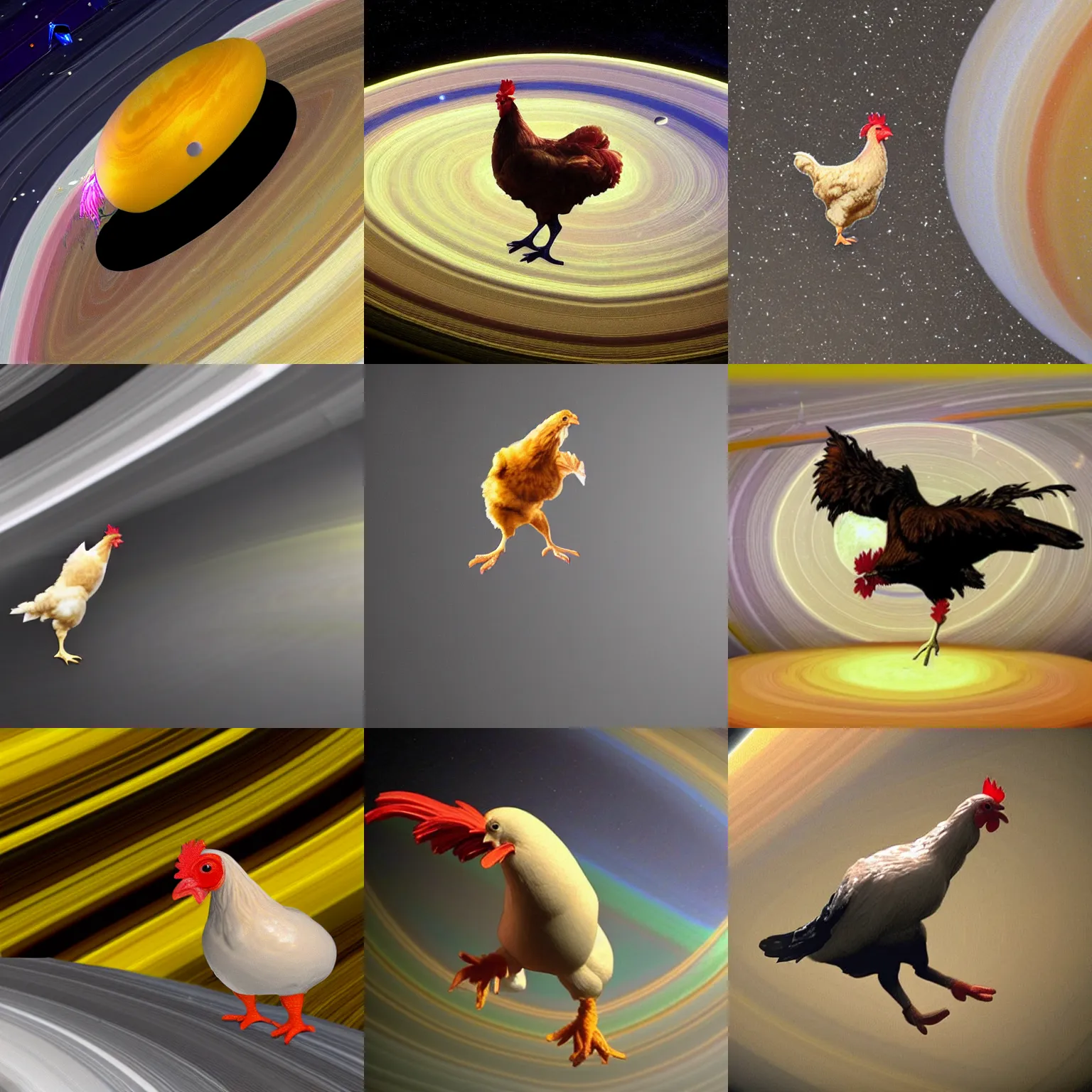 Prompt: A realistic chicken dancing on the rings of Saturn