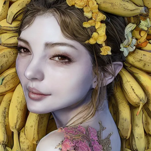 Prompt: the portrait of an absurdly beautiful, graceful, elegant, and perky young woman made of bananas and petals, an ultrafine detailed illustration by kim jung gi, irakli nadar, intricate linework, bright colors, octopath traveler, final fantasy, angular, unreal engine 5 highly rendered, global illumination, radiant light, detailed and intricate environment