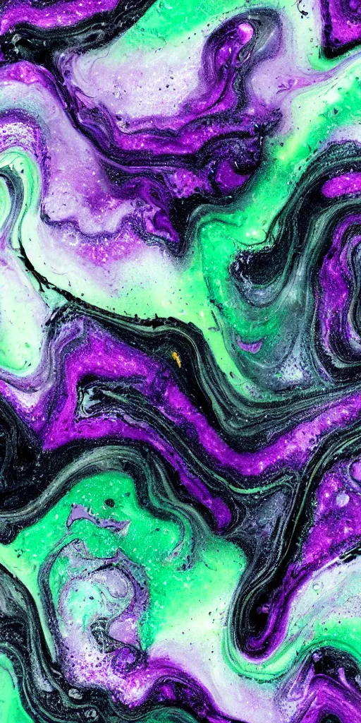 Prompt: beautiful liquid marble texture with big oil bubbles. harmonic chromatic black tones coloured abstraction with purple splashes. ultradetailed realistic art