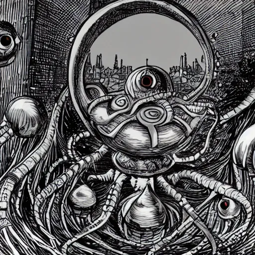 Image similar to a spherical eldritch horror with multiple eyestalks and a large central eye floating in the air above a fantasy medieval city