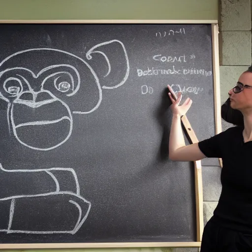 Image similar to chimpanzee scientist lecturer teaching evolution standing in front of a blackboard in a university