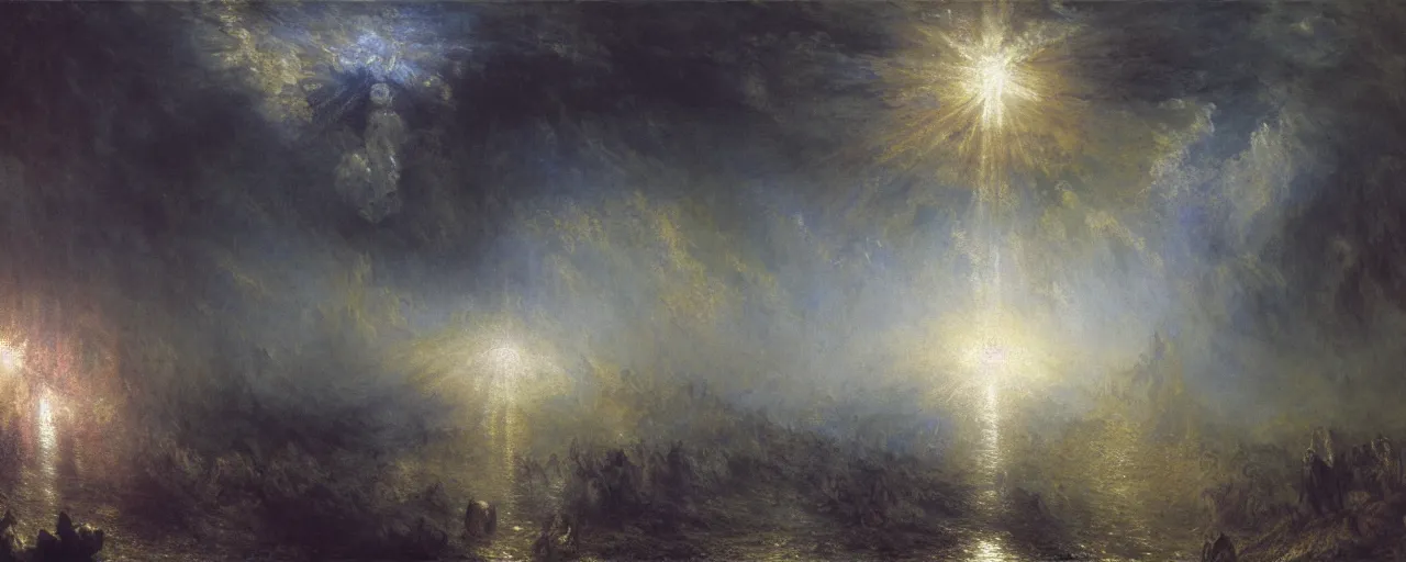 Prompt: into the heaven, volumetric lighting, volumetric shadows, realistic oil painting by gustave dore, by william turner
