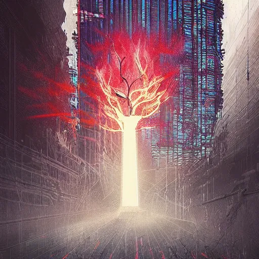 Image similar to “ the burning bush, cyberpunk art by vincent lefevre, behance contest winner, altermodern, cityscape, synthwave, matte painting ”