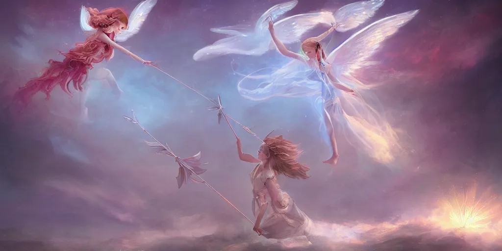 Image similar to An angel with white wings shooting luminous arrows with a bow on a country landscape covered with flowers, the arrows create flowers when they hit the country floor, inspired by Amandine Van Ray, Christophe Vacher, trending on artstation, heavenly colors, volumetric lighting