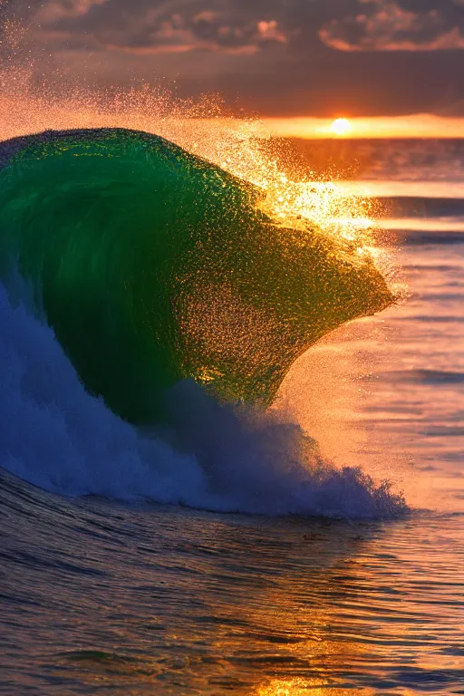 Image similar to Photo Print of a Wave, golden hour, summer, volumetric lighting, award winning, high resolution.