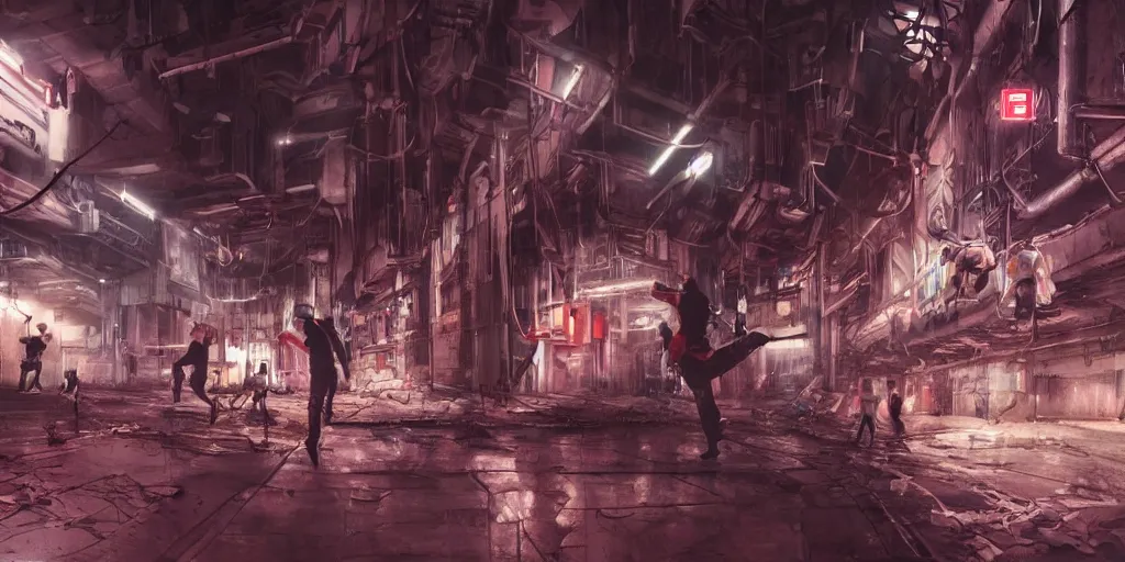 Image similar to cinematic shots of teenagers with tech clothing and hoods and tactical masks doing risky parkour inside the huge industrial sewers of a dystopian city, neon lights, sci - fi, night lights, haze, concept art, intricate, in the style of katsuhiro otomo, akira, unreal engine