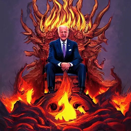 Image similar to Joe Biden sitting on a throne of skulls surrounded by fire, digital painting, highly detailed, trending on Artstation