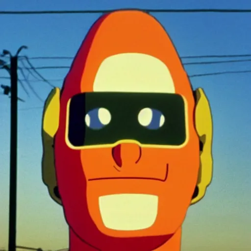 Image similar to the mayo man, angular humanoid blob of mayonnaise, angry eyes, shaded out eyes, 2 0 0 1 anime, flcl, golden hour, japanese town, cel - shaded, strong shadows, vivid hues, y 2 k aesthetic