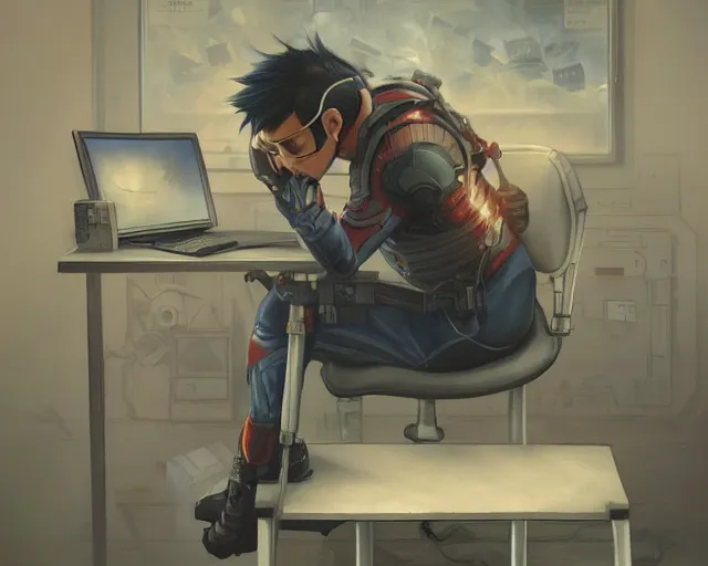 Image similar to an insanely detailed painting of a nerdy asian man wearing a superhero costume, sitting at a desk, staring at the nervously at the computer and typing, in the style of peter mohrbacher, dramatic lighting and composition, octane render, pixar, trending on artstation, concept art, comic book, view from behind