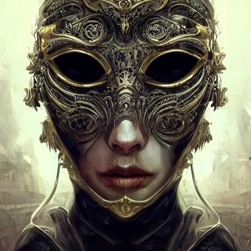 Image similar to Very very very very highly detailed epic photo of face with venetian mask, intricate, dystopian, sci-fi, extremely detailed, digital painting, artstation, concept art, smooth, sharp focus, illustration, intimidating lighting, incredible art by Artgerm and Anton Pieck