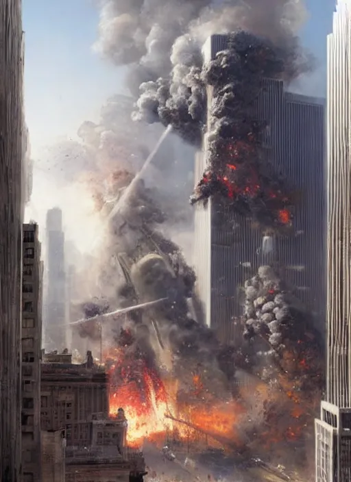 Image similar to hyper realistic 9 / 1 1 attacks, atmospheric beautiful details, strong composition painted by kim jung giu weta studio rutkowski, james gurney and greg rutkowski, and lucasfilm