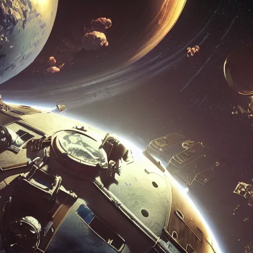 Image similar to fallout 4 in space, space station, stars, high res, raytracing, unreal engine